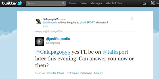 Kapadia TalkSPORT Tweet